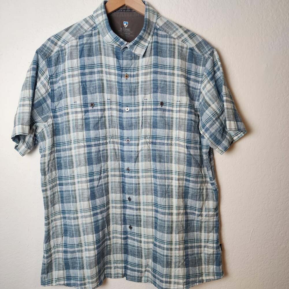 Kuhl Shirt Mens XL Blue Plaid Linen Cotton Short Sleeve Button-Up Outdoor Casual
